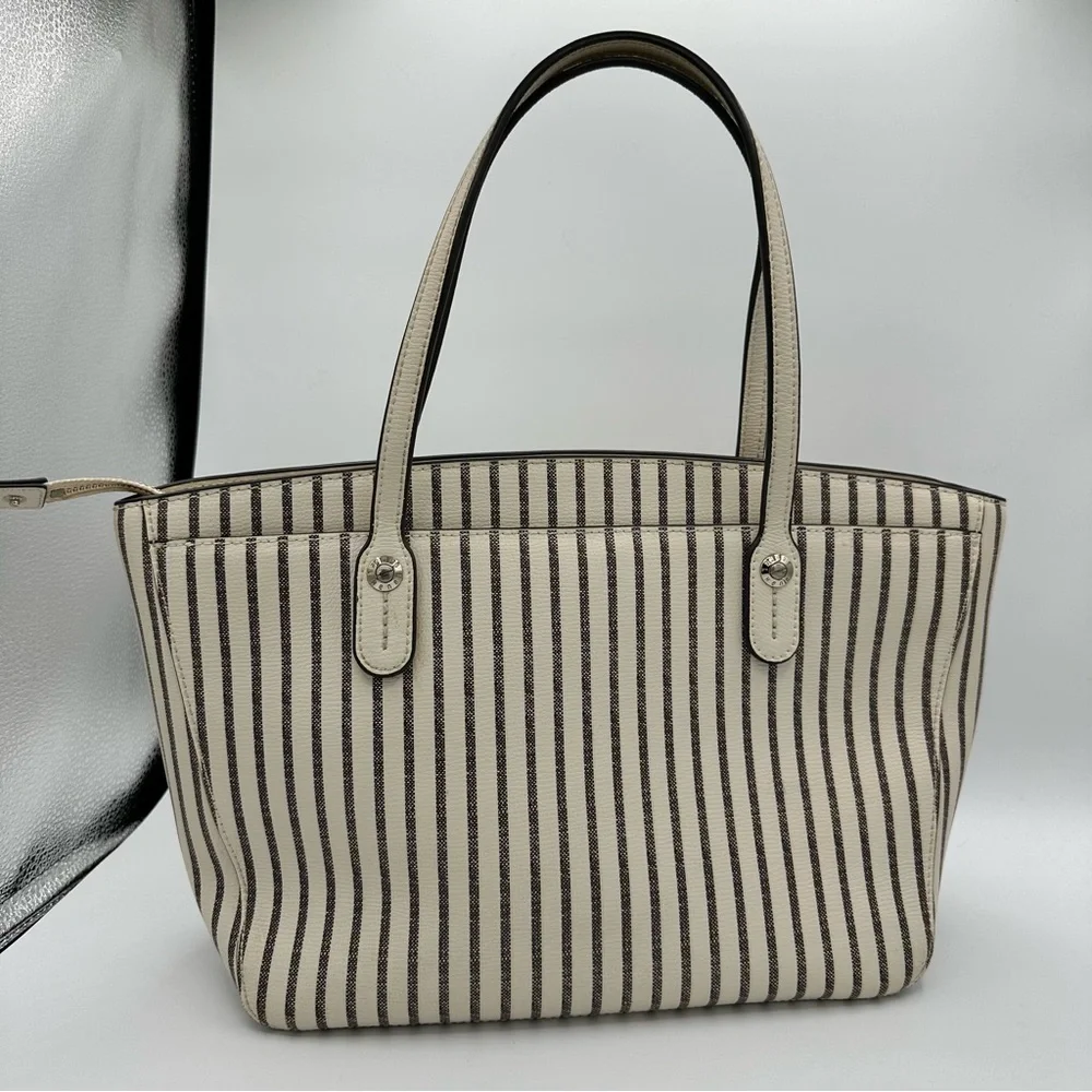 Henri Bendel West 57th Striped Domed Satchel Ivory Grey Stripe Gold Hardware